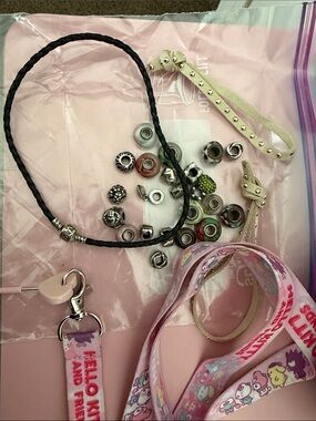 Pandora Black Braided Leather Necklace with Pink and Green Charm Accents
